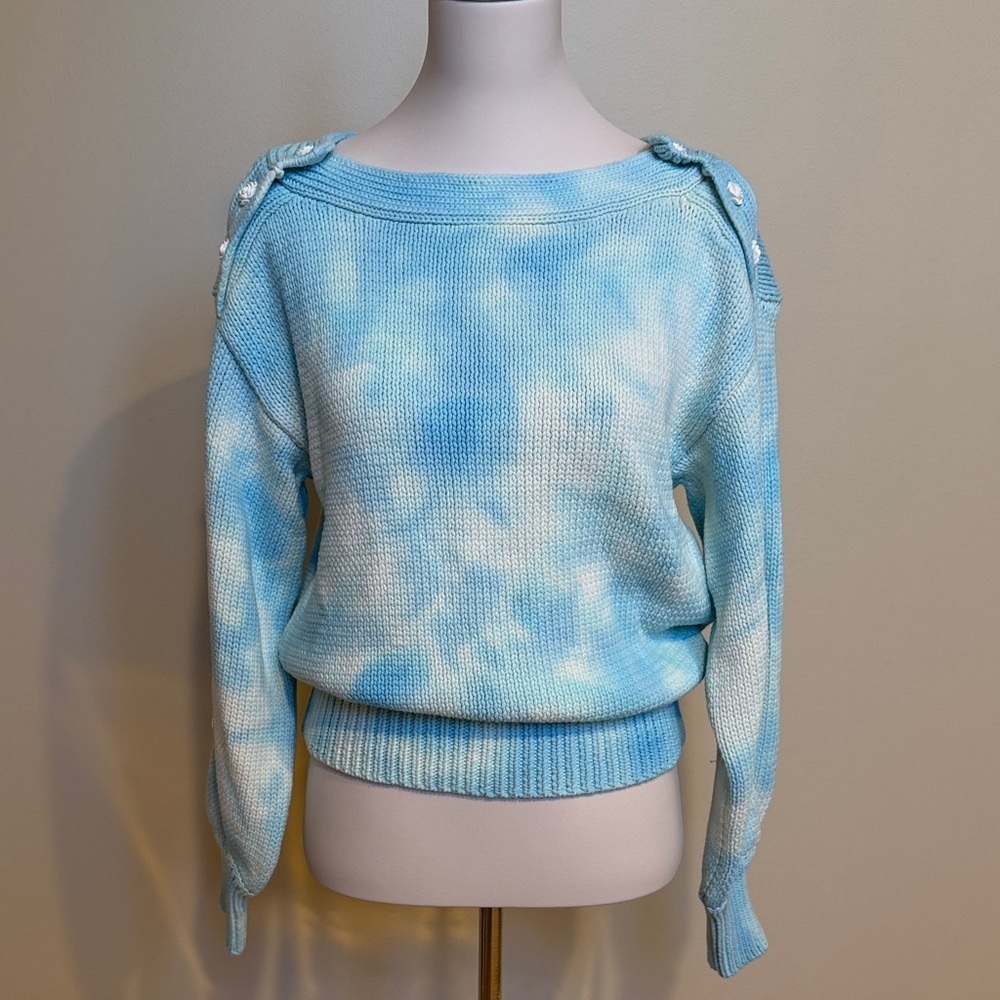 LoveShackFancy Blue Tie Dye Knit Sweater Floral Shoulder Buttons Cotton Blend S